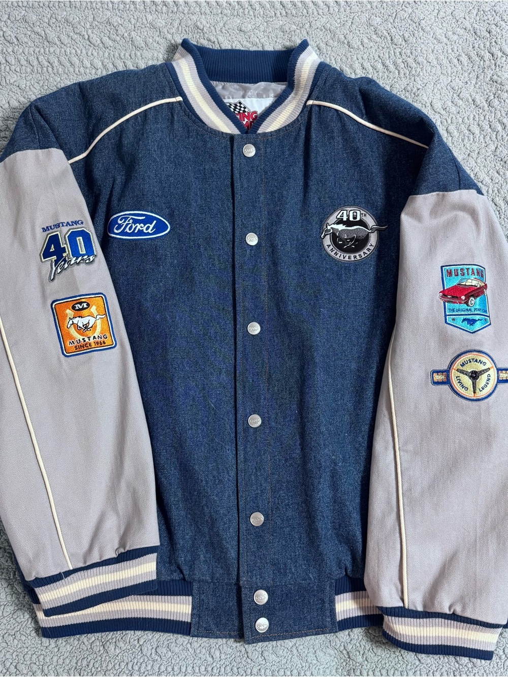 Ford Mustang 40th Anniversary Navy Denim & Light Gray Varsity Jacket